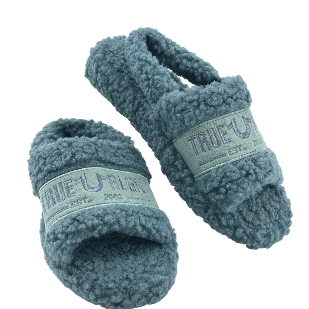 True Religion Womens Blue Faux Fur Sherpa‎ Slide Slippers Size S 5-6 Logo Strap